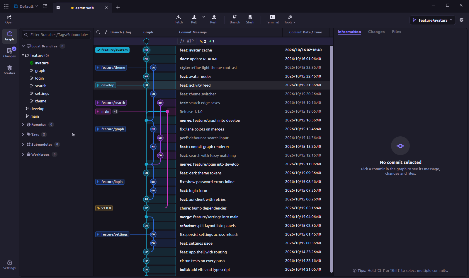 Commit Dock showing a repository's commit graph with branches, tags and the work-in-progress row
